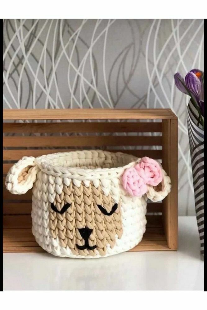 El Örgüsü Çocuk Odası Kuzu Figürlü Sepet %100 Pamuk (15x12 Cm)